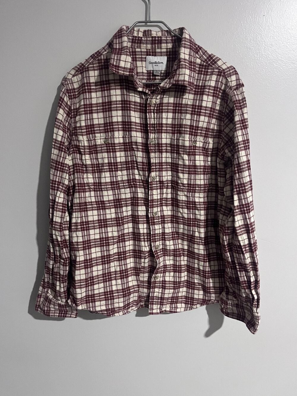 Goodfellow & Co Shirt Mens L White Plaid Flannel Long Sleeve Button-Up Pocket